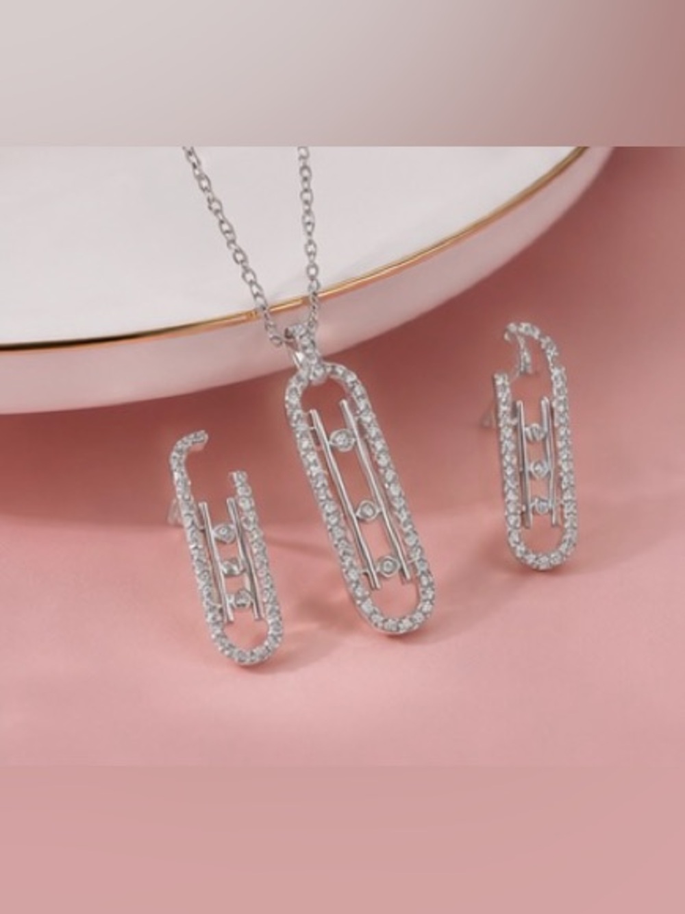 Anthropologie Silver Crystal Link Necklace and Drop Earrings Set